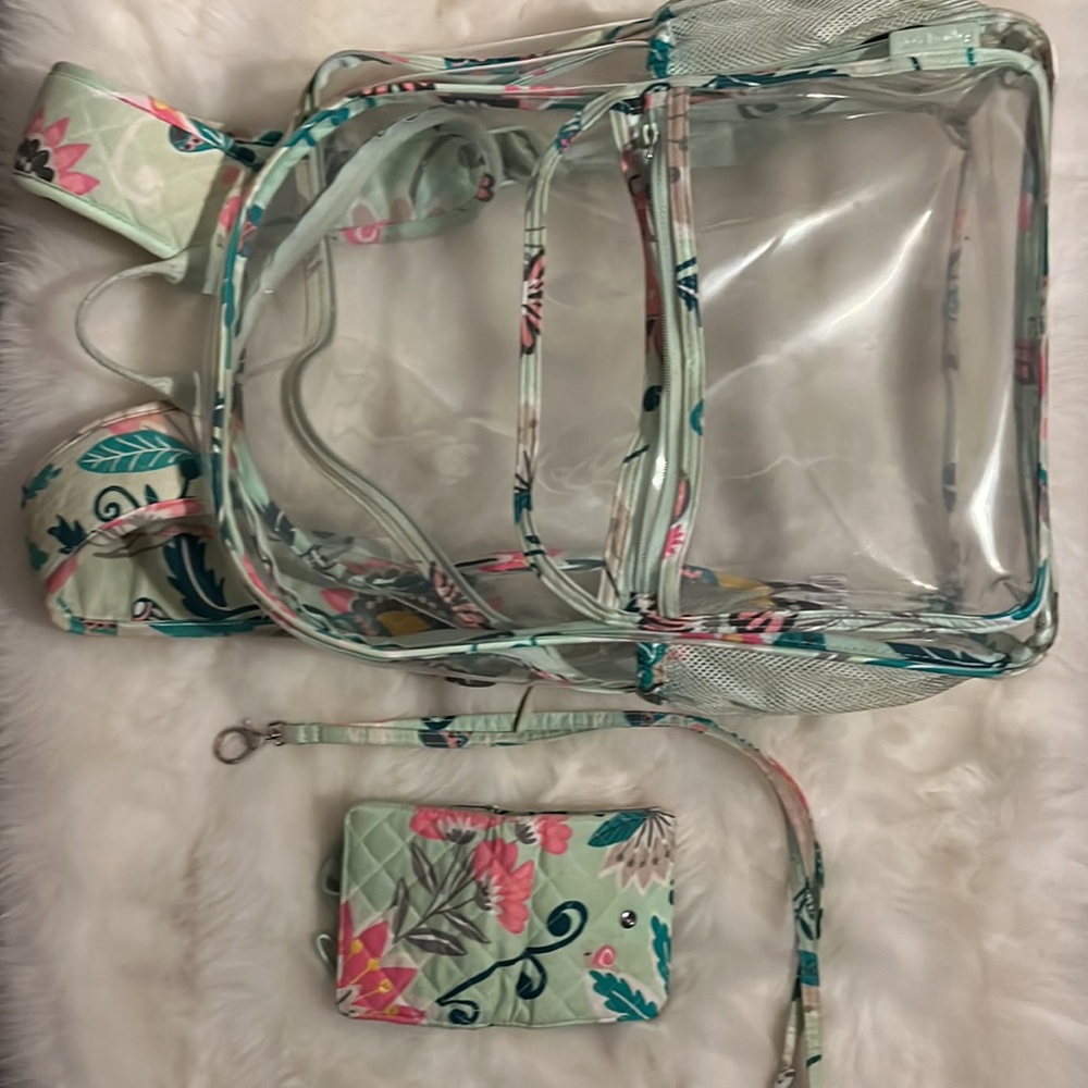 Vera Bradley MINT FLOWERS *well used* backpack,wallet,lanyard